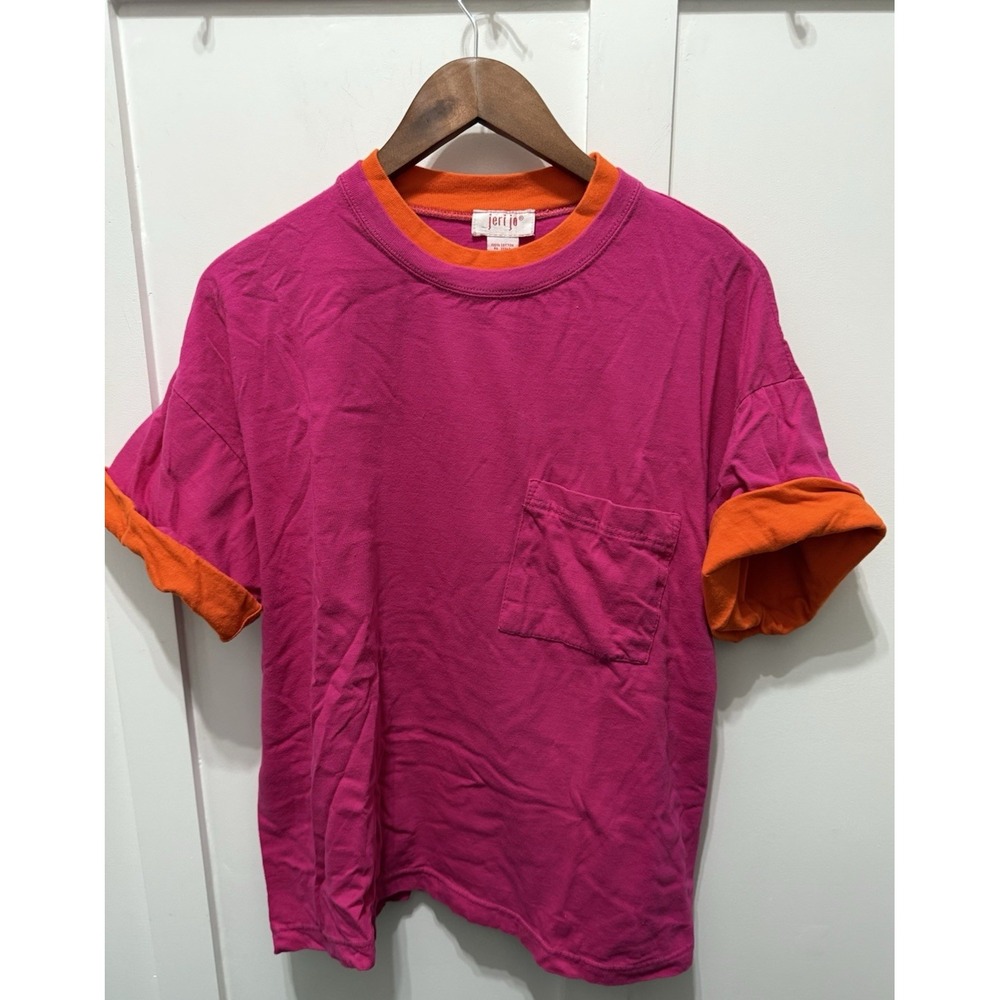 Vintage Jeri Jo T-Shirt Sz Large Hot Pink Orange‎ Vibrant 100% Cotton Tee Y2K Lg